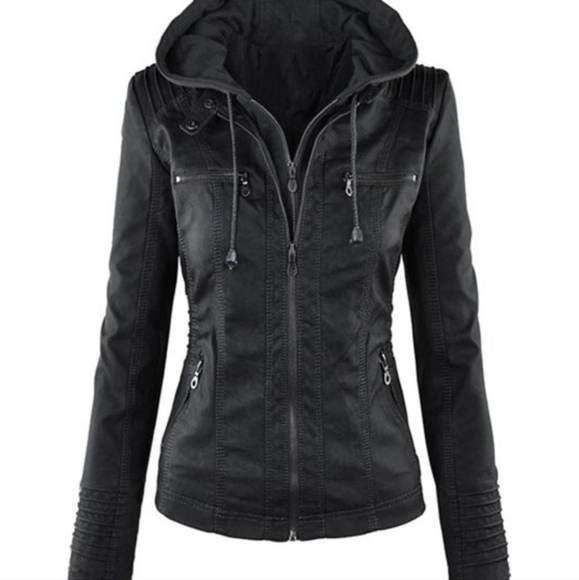 Black Hooded faux Moto Jacket - Picture 2 of 4